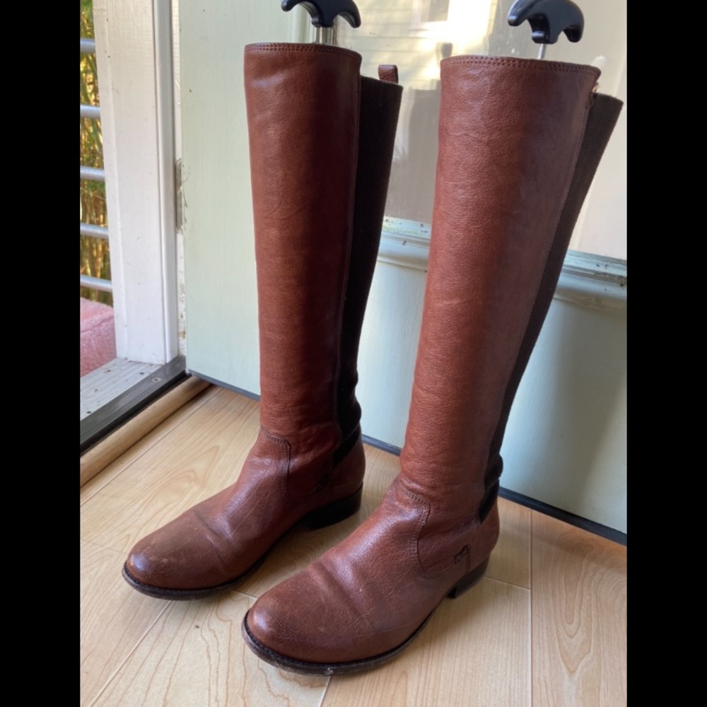 Frye Chelsea Tall Boot in Brown genuine leather.
